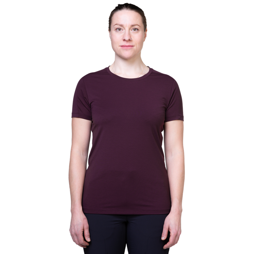 Mountain Equipment  Headpoint Women's Tee Outdoor Action Raisin - Front Fit on Model