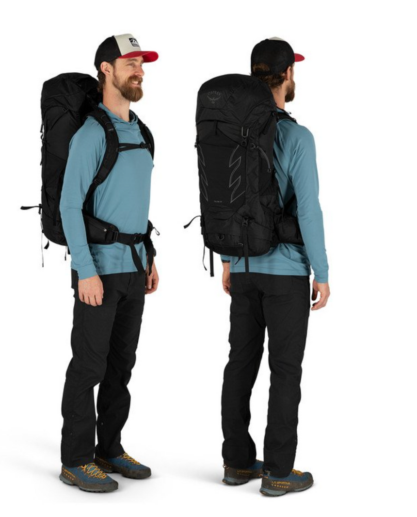 Osprey Talon 44 Backpack Outdoor Action Stealth Black - Pack Worn by Model
