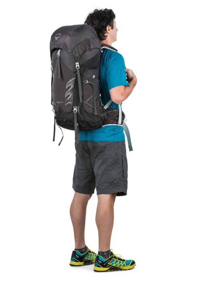 Osprey Talon 44 Backpack Outdoor Action Stealth Black - Back Fit on model
