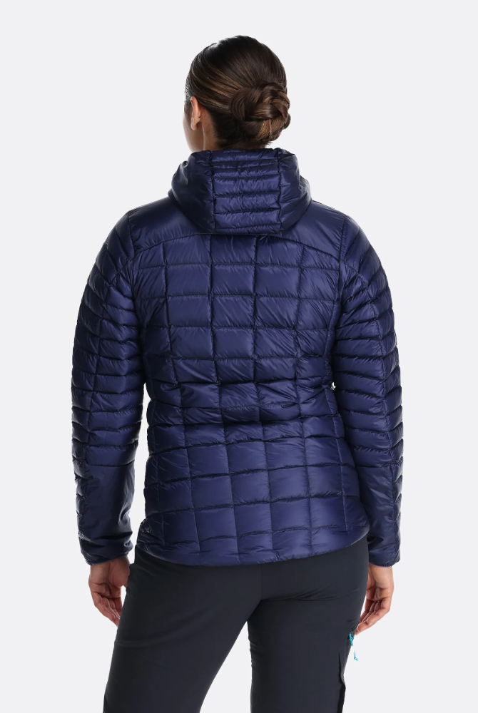 Rab Women's Mythic Alpine Light Down Jacket Outdoor Action Patriot Blue- back fit on a model