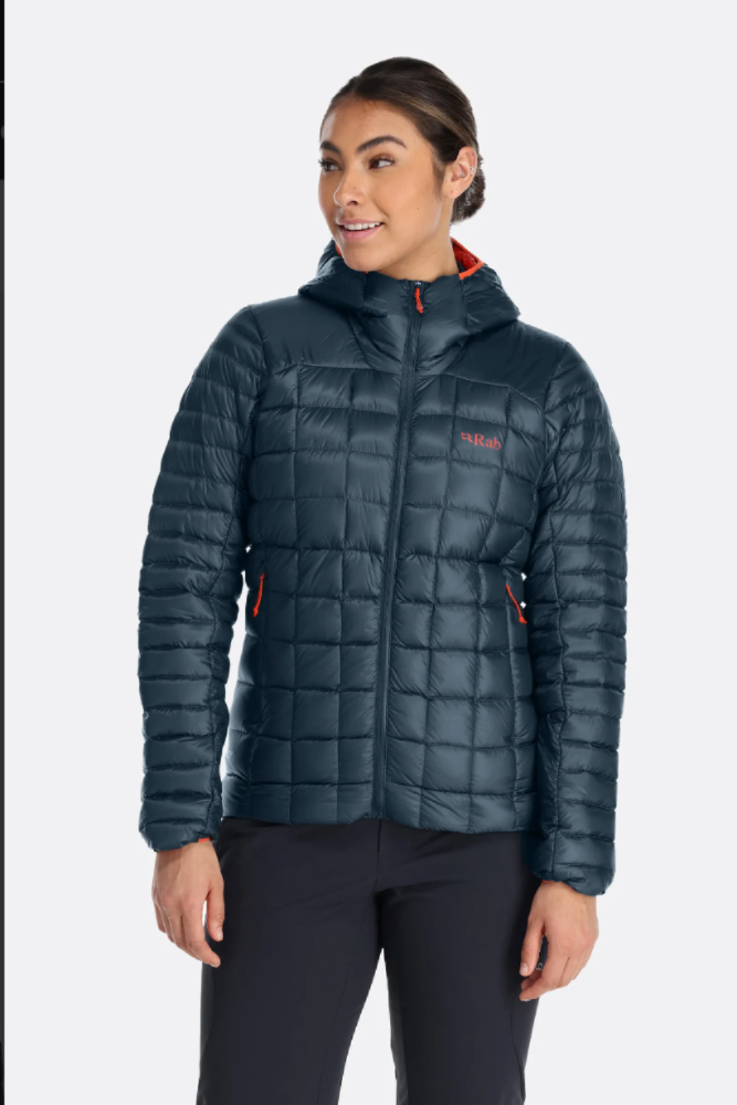 Rab Women's Mythic Alpine Light Down Jacket Outdoor Action Orion Blue- front fit on a model