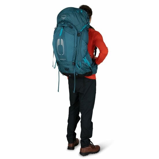 Osprey Atmos AG 65 Backpack Outdoor Action Venturi Blue - Back View on Model