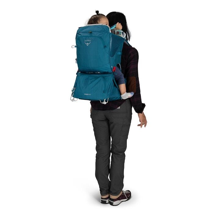 Osprey Poco™ SLT Child Carrier Outdoor Action Deep Peyto -  Back showcase on Female Model